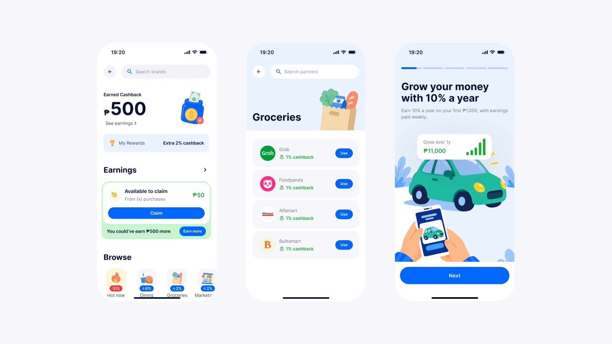 Uno cashback, grocery partners and savings screens